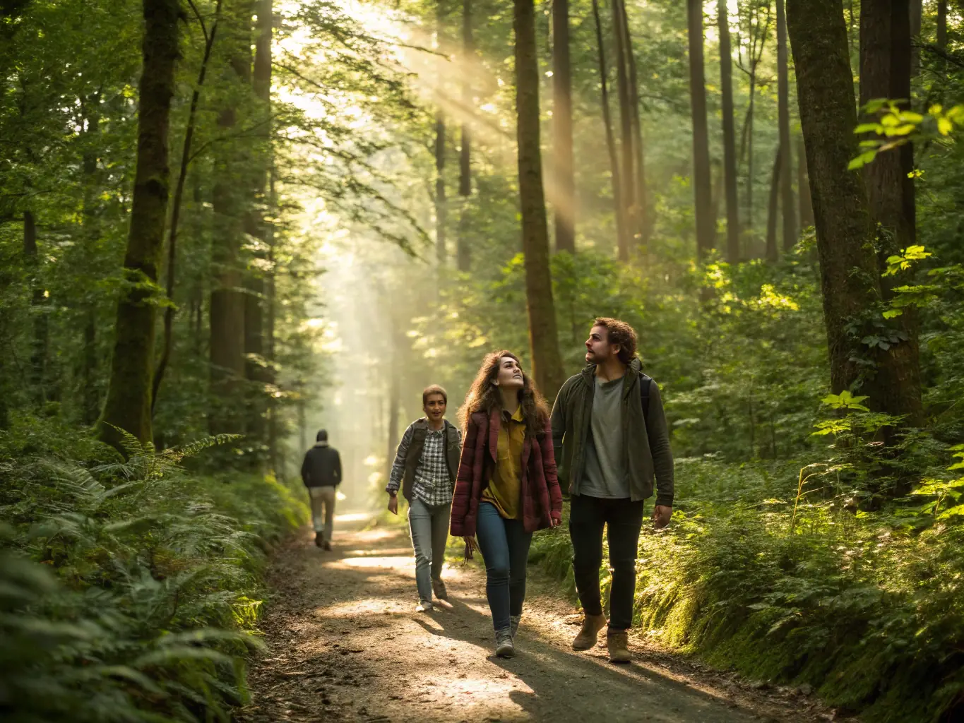 A group of people walking in a forest, enjoying the scenery and fresh air, promoting cardiovascular health and social interaction.