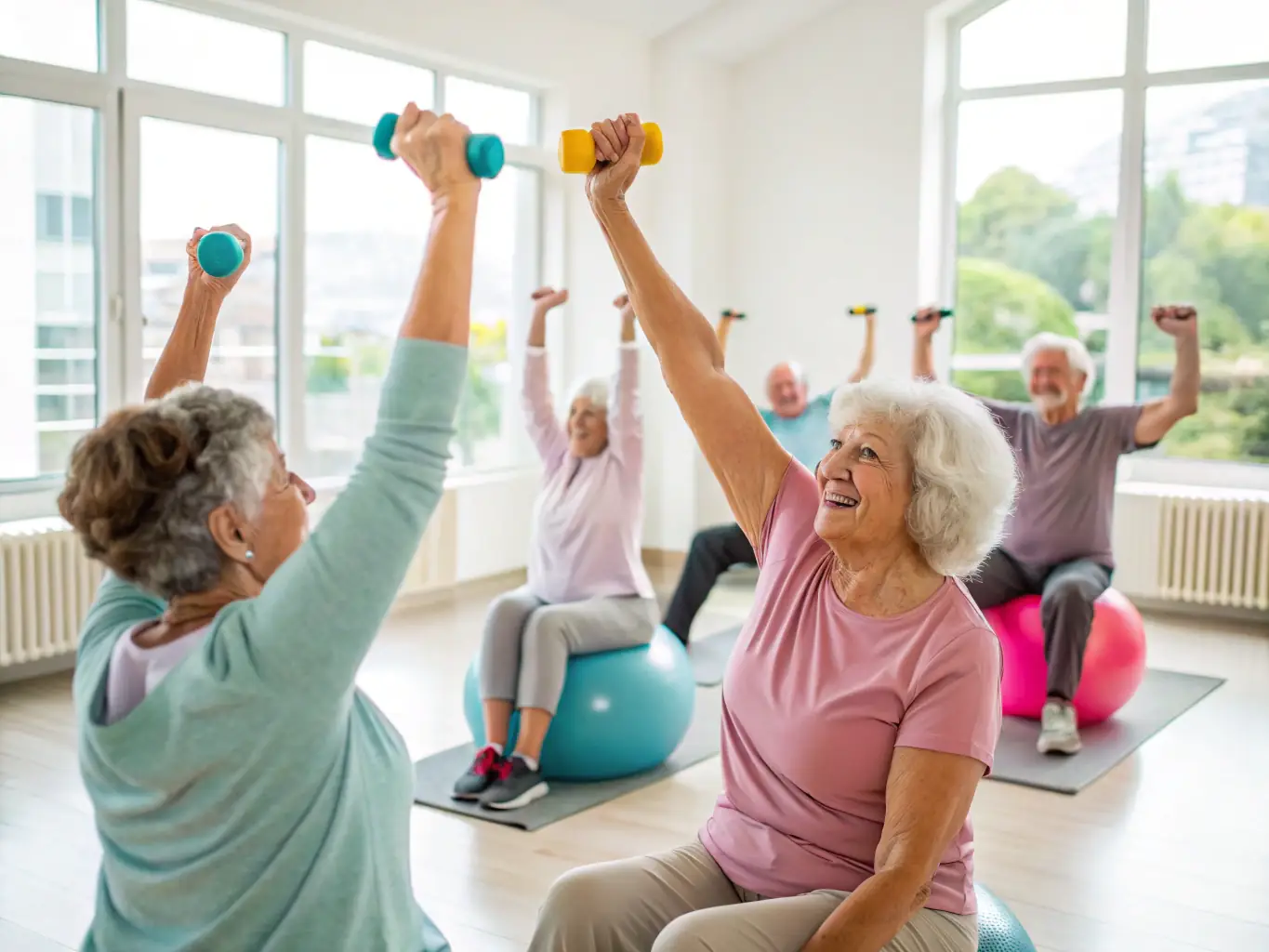 A group of seniors participating in a low-impact aerobics class indoors, focusing on cardiovascular fitness and muscle strength.
