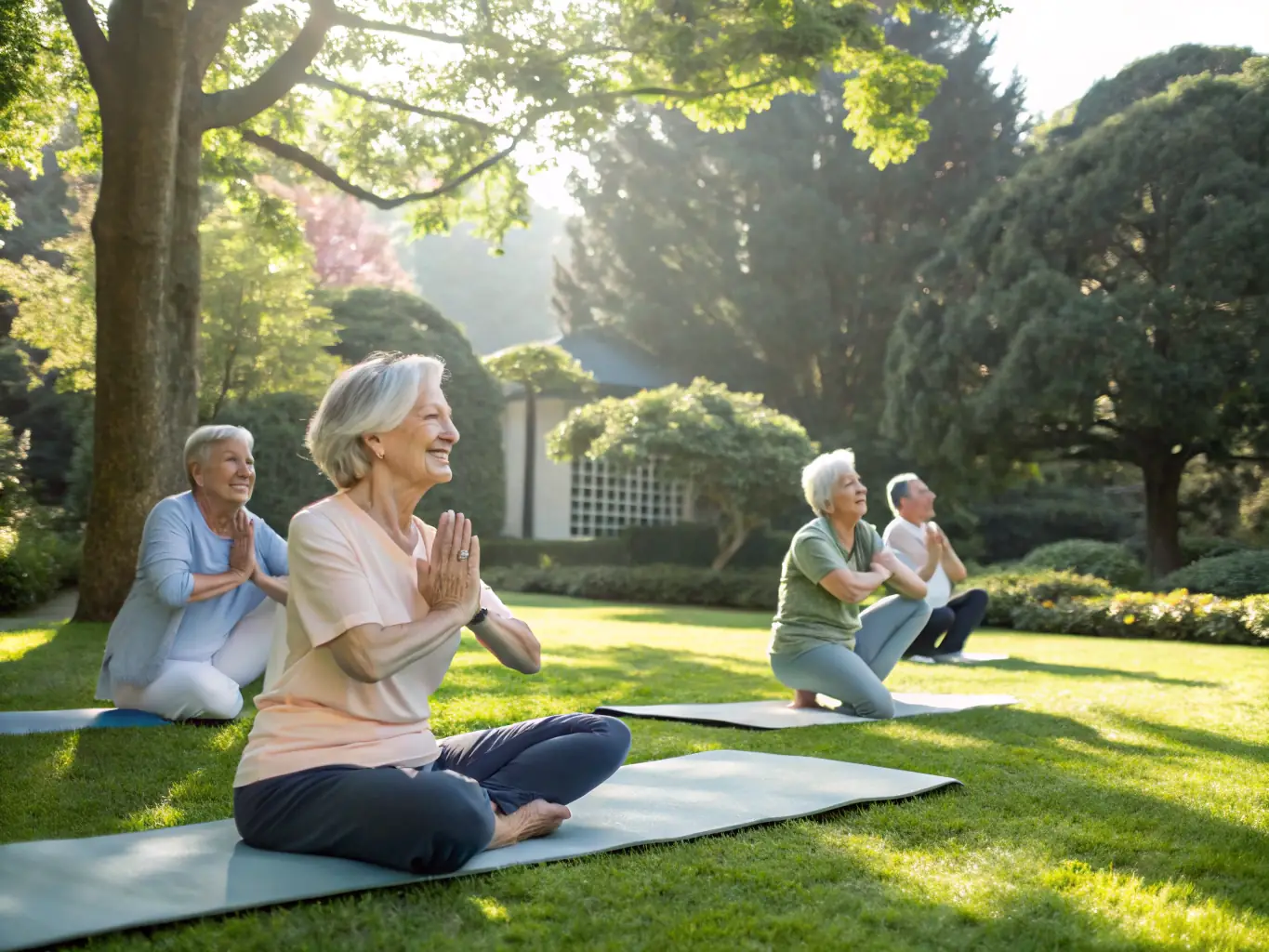 A group of seniors participating in a gentle yoga session outdoors in a park, focusing on flexibility and relaxation.